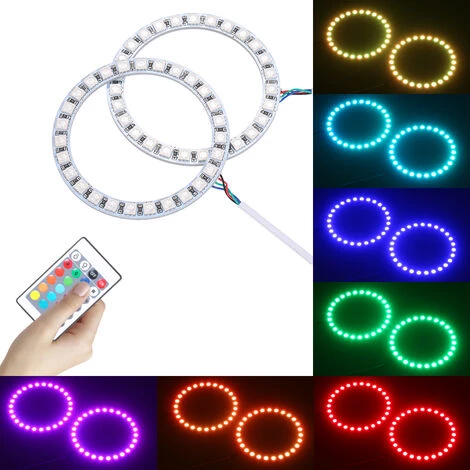 HAPPYSHOPPING Lumiere De Voiture Halo Multicolore DC12V Angel Eyes Avec Telecommande, Dimmable, 16 Couleurs, 4 Effets De Lumiere, 10W 2 × 80MM RGB - 10W 2 × 80MM RGB
