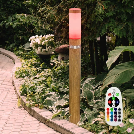 ETC-SHOP Lampadaire Extérieur Lampe Base Ronde Lampadaire De Jardin En Acier Inoxydable Avec Décoration LED, Optique Bois Dimmable à Télécommande, 1x RGB LED 9W, H 80 Cm – Image 2